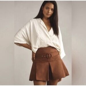 Anthropologie Brown Pleated Belted Mini Skort Size 8 Chocolate Twill NEW